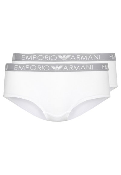 Witte katoenen damesonderbroek met een grijze elastische tailleband waarop het logo "Emporio Armani" in het wit staat. Gladde textuur, klassieke snit.