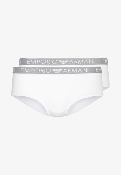 White cotton women's briefs with a grey elastic waistband featuring the "Emporio Armani" logo in white. Smooth texture, classic cut.