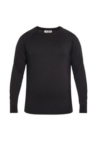 Pulover negru cu mâneci lungi, cu guler rotund, fabricat dintr-un material moale, având manșete și tiv cu dantelă, și o textură netedă.