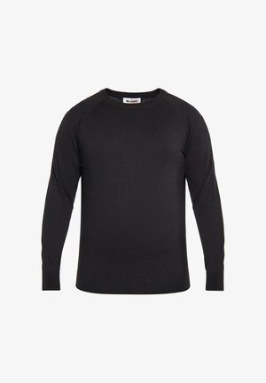 Czarny sweter z długim rękawem i okrągłym dekoltem, wykonany z miękkiego materiału, z prążkowanymi mankietami i dołem oraz gładką teksturą.