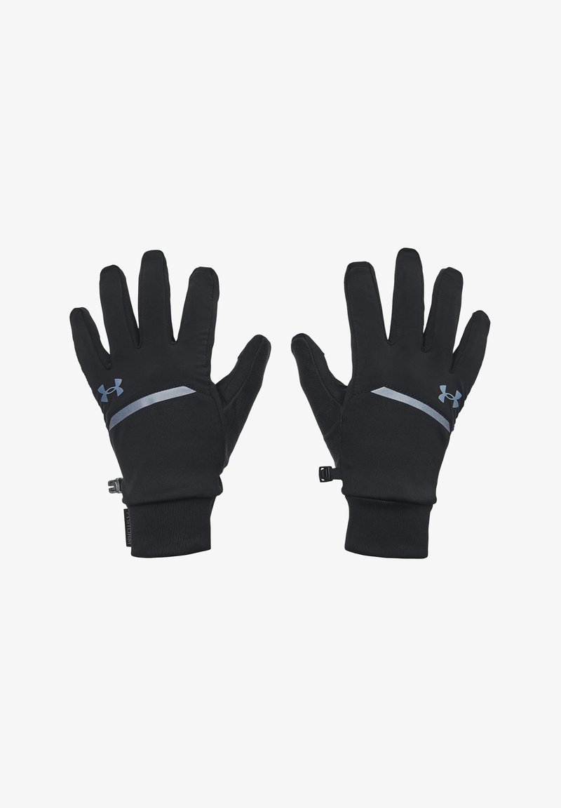 Schwarze Handschuhe mit passgenauer Gestaltung, aus dehnbarem Material, mit einem grauen reflektierenden Streifen und verstellbarem Handgelenksverschluss.