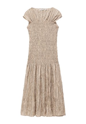 Beežis midi pikkusega kleit lühikeste varrukate, vertikaalsete mustade triipudega, kurrutatud ülakeha ja kogutud seelikuga.