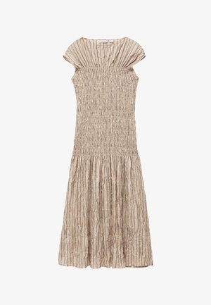 Beežis midi pikkusega kleit lühikeste varrukate, vertikaalsete mustade triipudega, kurrutatud ülakeha ja kogutud seelikuga.