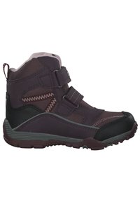 Stivali alti viola in materiale sintetico, con due fibbie in velcro, tessuto testurizzato, suola in gomma nera e punta rinforzata per una maggiore durata.