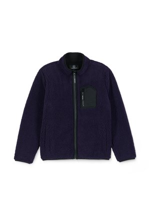 Giacca in pile viola con una tasca sul petto nera con zip, caratterizzata da un colletto rotondo e un tessuto testurizzato, chiusura zip frontale.