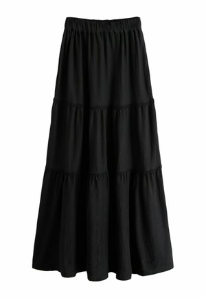 Fekete, hosszú, réteges szoknya rugalmas derékpánttal és összegyűrt varrásokkal, amelyek folyékony, terjedelmes sziluettet hoznak létre.