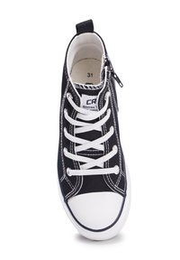 Schwarze Leinensneaker mit weißen Schnürsenkeln und Gummizwischensohle. Verfügt über einen Reißverschluss an der Seite und ein genähtes Design entlang der Nähte. Größe 31.