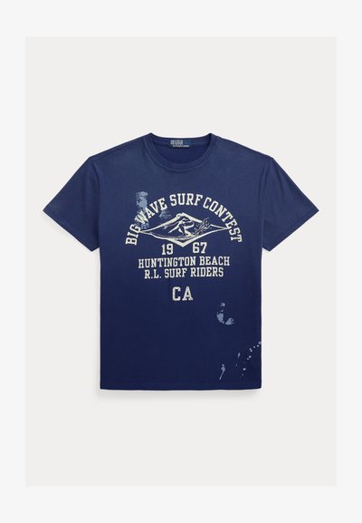 Navy blue cotton t-shirt with a crew neck, featuring a white graphic print that includes text and a surf illustration.