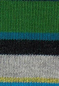 Tessuto a strisce con colori verde, blu, nero, grigio e giallo, caratterizzato da una texture a coste e bande di larghezze variabili.