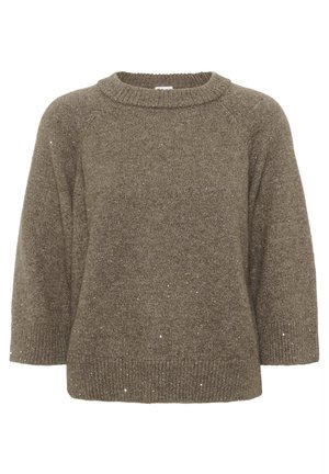 Brauner Strickpullover mit rundem Hals, Raglanärmeln und weicher Textur, versehen mit dezenten funkelnden Akzenten im gesamten Stoff.