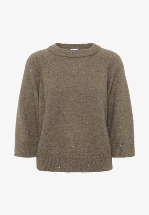 Brauner Strickpullover mit rundem Hals, Raglanärmeln und weicher Textur, versehen mit dezenten funkelnden Akzenten im gesamten Stoff.