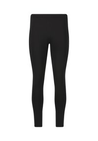 Leggings negros hechos de tejido elástico; presentan una textura suave, un diseño ajustado y un ligero brillo; sin hardware visible ni patrones.