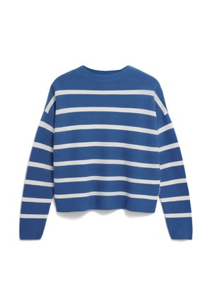 Blue and white striped sweater with a round neck, long sleeves, and ribbed texture. Features wide horizontal stripes and a cropped fit.