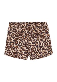 Leopardenmuster-Shorts mit einem elastischen Bund, aus einem glatten Stoff gefertigt. Sie besitzen einen sandfarbenen Hintergrund mit braunen und schwarzen Flecken.