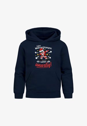 Marineblauer Kapuzenpullover mit Kängurutasche und gerippten Bündchen, mit einem verspielten Motiv von Weihnachtsmann und Text in Weiß und Rot.