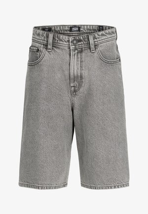 Szare luźne szorty dżinsowe z przednim guzikiem i suwakiem, pięcioma kieszeniami i metką Jack & Jones na pasku.