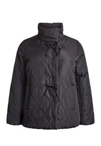 Čierna prešívaná bunda s vysokým golierom, dvoma prednými vreckami, zapínaním na pracky a hladkou textúrou s výrazným vlnovým vzorom.