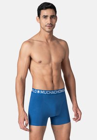 Blue boxer briefs made from a smooth fabric, featuring a white logo waistband and a fitted design with no patterns or visible seams.