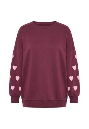 Dunkelroter Langarm-Sweatshirt mit Rundhalsausschnitt und pinken Herzmustern, die entlang beider Ärmel verlaufen, mit gerippten Bündchen und Bund.