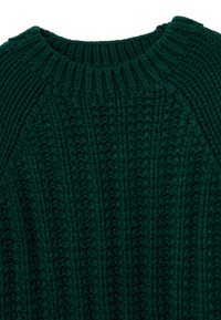 Dark green knitted sweater with ribbed crew neckline and vertical textured knit pattern on the front.