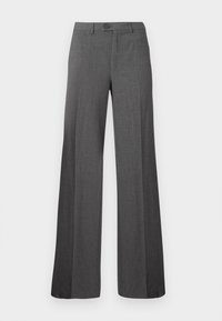 Pantaloni a gamba larga grigi realizzati in un tessuto testurizzato. Presentano una chiusura con bottone, tasche frontali e un design sartoriale con una silhouette dritta.