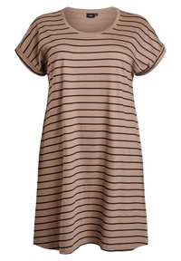 Robe rayée brunâtre avec des manches courtes, un col rond, une coupe ample et des rayures noires horizontales sur le tissu.