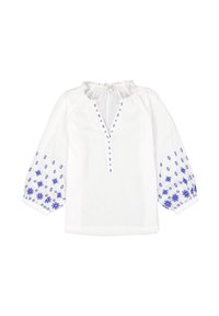 Vit blus med puffärmar, prydd med blå blommig broderi och en halv knapplist. Tillverkad av lättviktig tyg med en samlad halsringning.