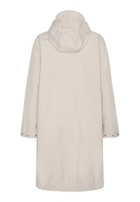 Světle béžový dlouhý pláštěnka s kapucí, dlouhými rukávy a druky na manžetách, zobrazená zezadu.