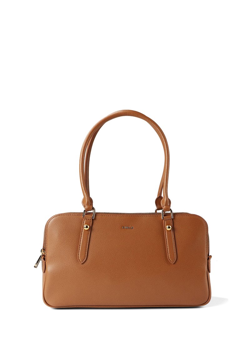 Τσάντα χειρός από δέρμα ταμπά με δύο πάνω λαβές, κλείσιμο με φερμουάρ, υφή στην επιφάνεια και χρυσές μεταλλικές λεπτομέρειες. Διαθέτει λογότυπο στο μπροστινό μέρος.