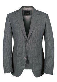 Blazer gris à motif avec deux boutons, col cranté et poches latérales. L'intérieur est orné d'une doublure à pois et d'une étiquette.