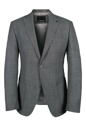 Gray patterned blazer with two buttons, notch lapel, and side pockets. Interior features a polka dot lining and a label.