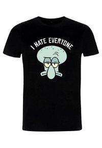 Sort t-shirt med et cartoon karakterdesign og teksten "JEG HADER ALLE" i fede, hvide, buede bogstaver over karakteren.