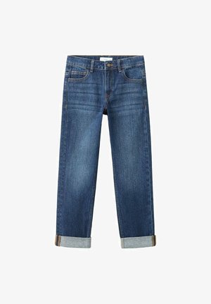 Blugi din denim albastru, cu croială dreaptă, tivuri întoarse, nasture frontal și design cu cinci buzunare pe fundal alb.