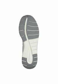 Grå och vit sneakersula har en texturerad, mönstrad design med spår, åsar och perforerad yta för grepp och dragkraft.