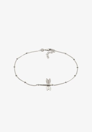 Silberarmband mit Kettenanhänger, das ein Libellenmotiv mit strukturierten Flügeln, kleinen Perlen und einem Karabinerverschluss mit verstellbarem Glied zeigt.