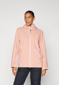 Světle růžová nepromokavá bunda s kapucí, předním zipem a bočními kapsami; vyrobena z hladkého, prodyšného materiálu.