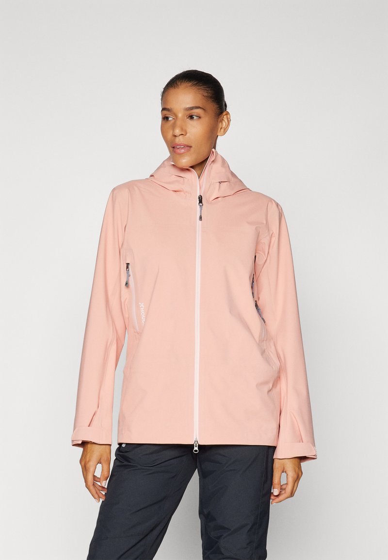 Světle růžová nepromokavá bunda s kapucí, předním zipem a bočními kapsami; vyrobena z hladkého, prodyšného materiálu.