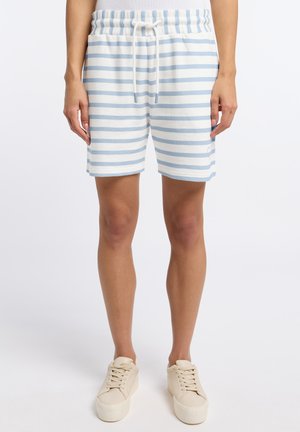 Gestreepte shorts in lichtblauw en wit, gemaakt van zachte stof, met een elastische band met trekkoord en zijzakken.