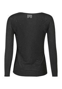 Crna uska majica s dugim rukavima ukrašena sitnim perforiranim rupicama po cijeloj površini i s okruglim izrezom, prikazana s leđa.