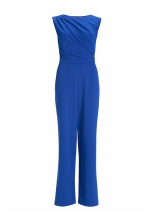 Blauwe jumpsuit met een aansluitende lijfje, gedrapeerde voorkant en brede, rechte pijpen. Gemaakt van een soepele stof, met een ronde halslijn en mouwloos ontwerp.
