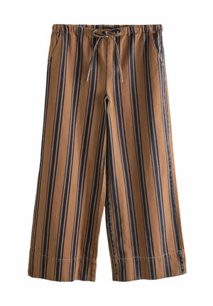 Braun und blau gestreifte weit geschnittene Hose mit Kordelzugbund, zwei Seitentaschen und entspannter Passform, aus leichtem Stoff gefertigt.