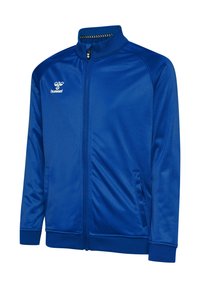 Blå sportjacka i slät tyg med hög krage, hel dragkedja och broderad logotyp; har sidofickor och ribbade cuffs.