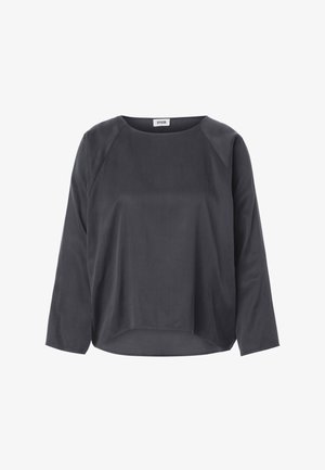 Pitkähihainen tummanharmaa pusero, jossa pyöreä pääntie, väljä istuvuus ja hieman kaareva helma, esillä valkoisella taustalla.