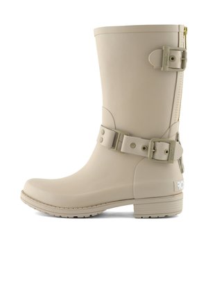 Beiger Gummiregenstiefel mit abgerundetem Zehenbereich, verstellbaren Schnallenriemen, geprägt-logo-detail, strukturierter Sohle und mittelhohem Schaft.