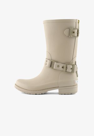 Béžová gumová dažďová čižma s okrúhlou špičkou, nastaviteľnými remienkami s prackou, výrazným logom, textúrovanou podrážkou a dizajnom do polovice lýtok.