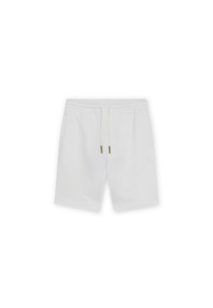 Pantalones cortos blancos hasta la rodilla con cintura elástica y cordón frontal, mostrados extendidos sobre un fondo blanco.