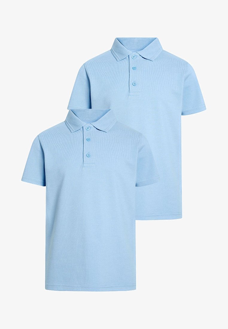 Lichtblauwe polo shirts gemaakt van een gestructureerde stof, met een klassieke kraag, een drukknoopsluiting met drie knopen en korte mouwen. Twee shirts afgebeeld.