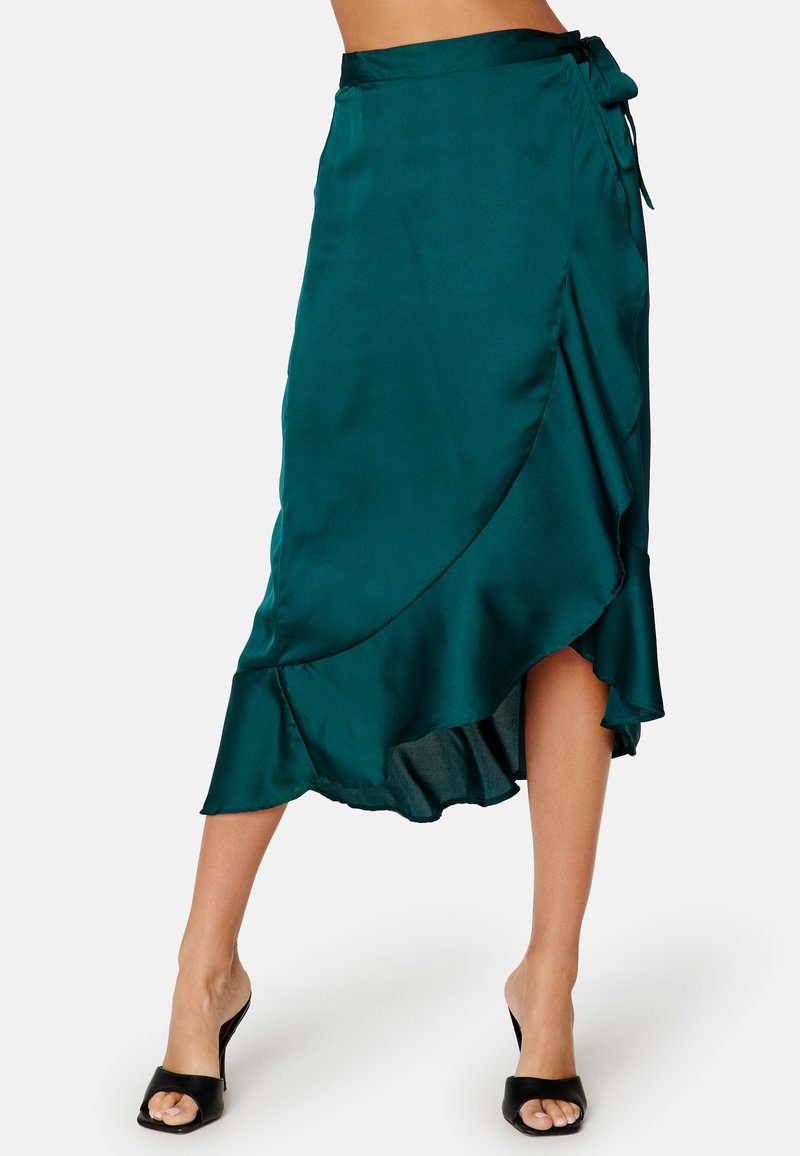 Bubbleroom - FRILL MIDI WRAP SATIN SKIRT - Áčková sukně - dark green, Zvětšit