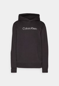 Haut à capuche noir en mélange de coton, avec des manches longues, une capuche à cordon et un logo en strass sur le devant. Texture lisse, design décontracté.