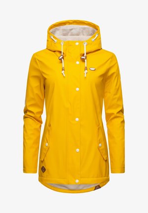 Yellow waterproof jacket with a textured interior, adjustable hood, front pockets, and snap closures. Brown accents on drawstrings.